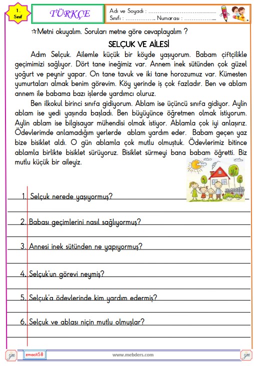 1. Sınıf Türkçe Okuma ve Anlama Metni Etkinliği 3 (Selçuk ve Ailesi)