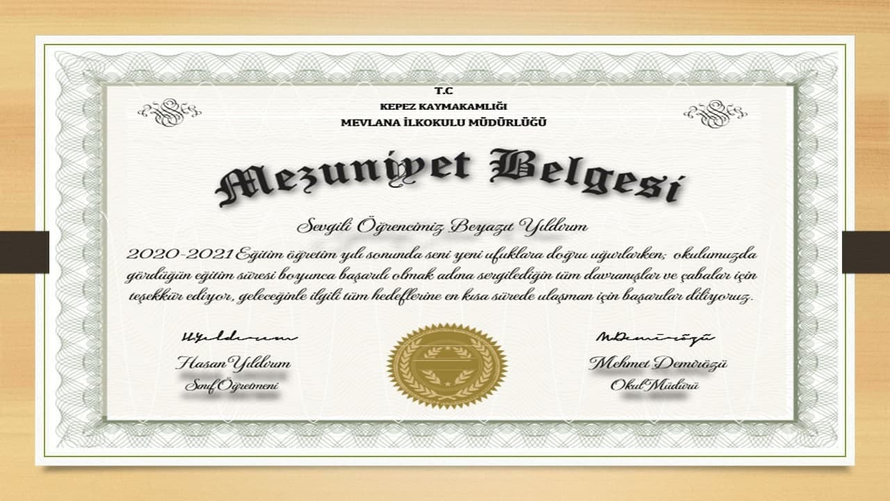 MEZUNİYET BELGESİ (4, 8 ve 12. Sınıflar İçin Kullanılabilir.)