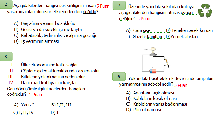 4. Sınıf Fen Bilimleri 2.Dönem 2.Yazılı Seviye 2