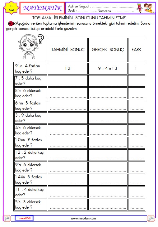 1. Sınıf Matematik Toplama İşleminin Sonucunu Tahmin Etme Etkinliği 1