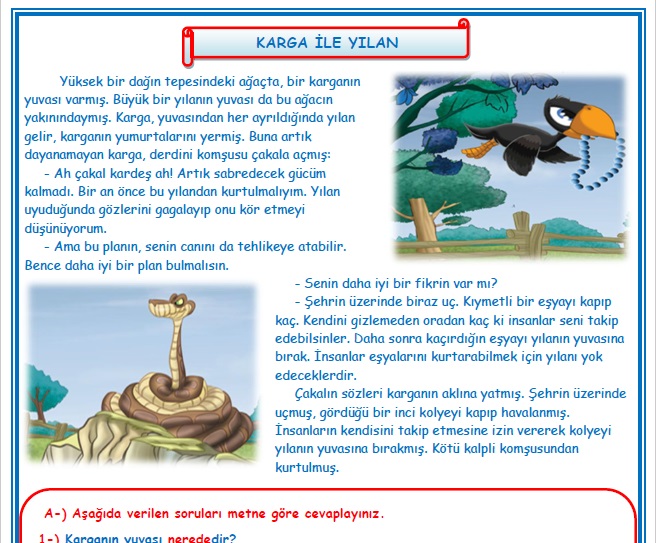 2. Sınıf Türkçe Karga ile Yılan Okuma Anlama Metin Çalışması