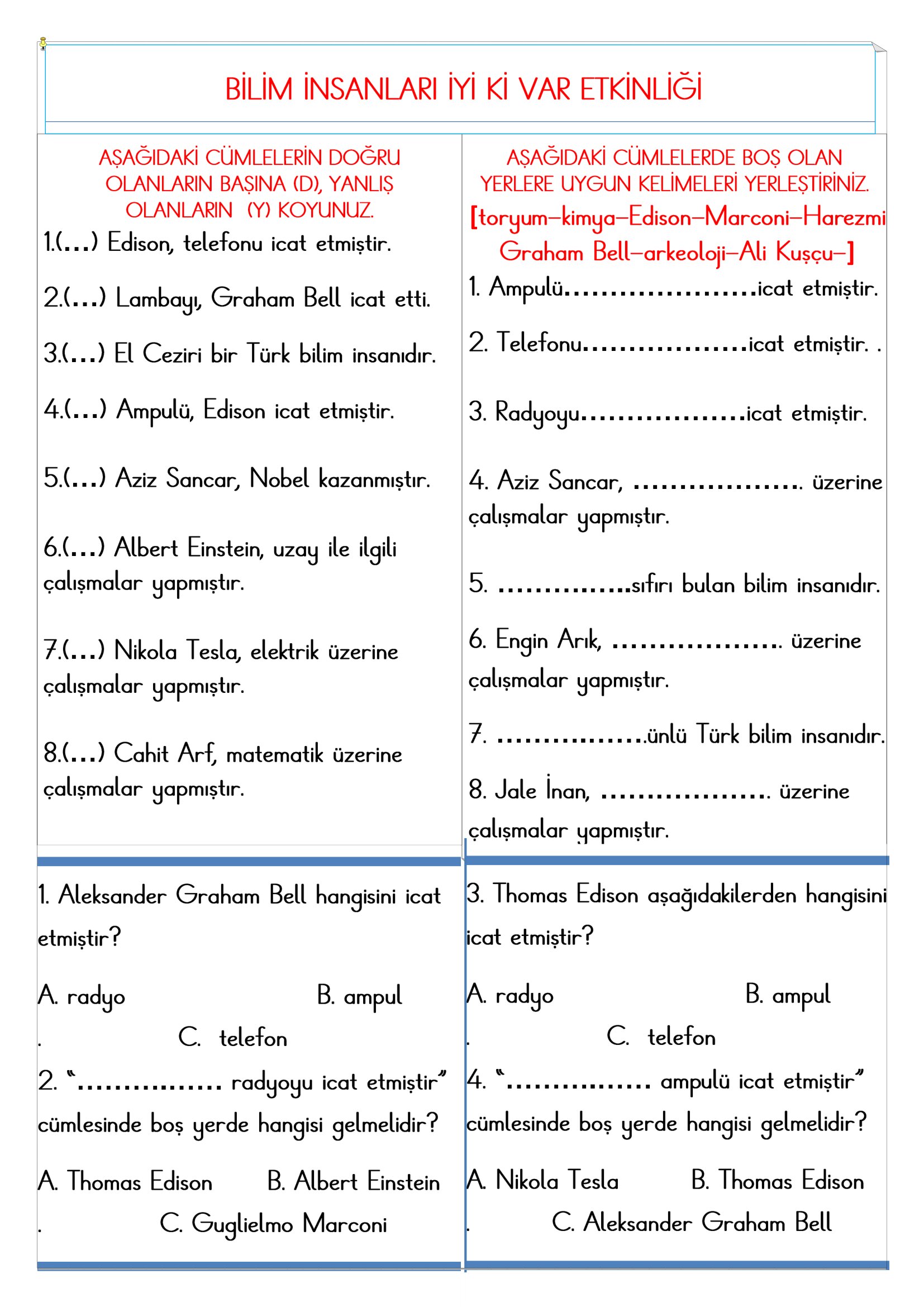 2. Sınıf - Hayat Bilgisi Bilim İnsanları İyi ki Var Etkinliği