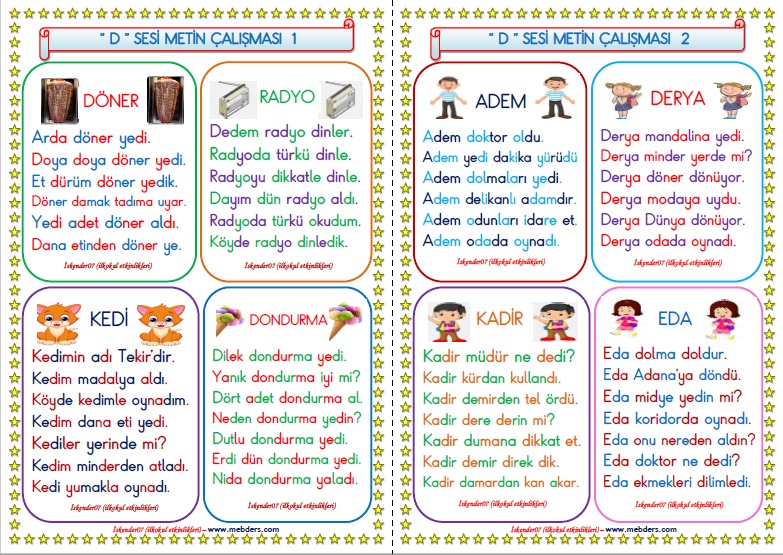1. Sınıf D-d Sesi Metin Çalışması (4 Sayfa - 8 Farklı Metin)