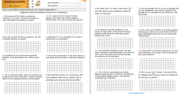 4. Sınıf Matematik Litre ve Mililitre ile İlgili Problemler (Sıvı Ölçme Problemleri) 2