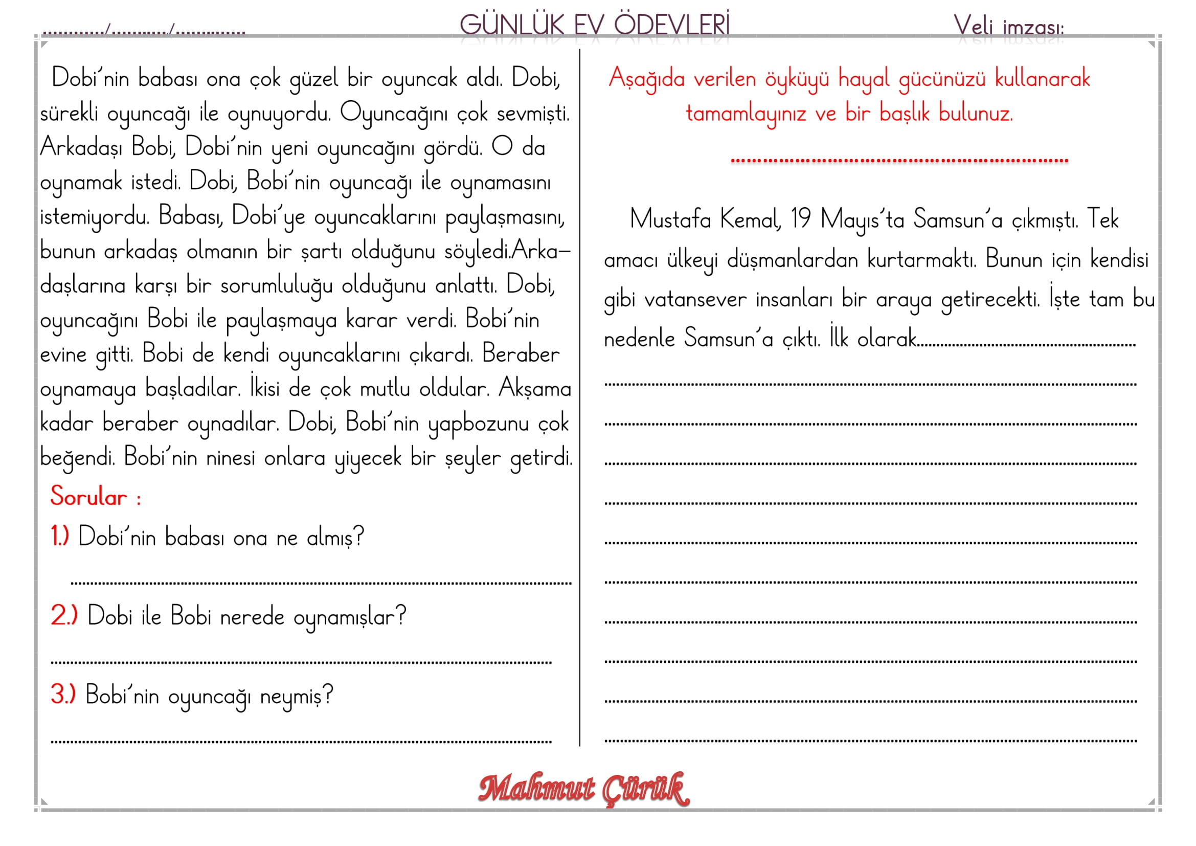 1. Sınıf 02 Mayıs 2025 Günlük Ev Ödevi