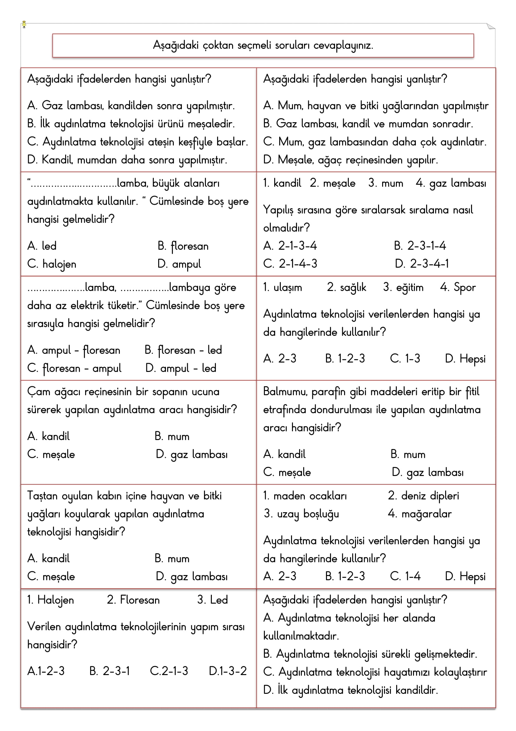 4. Sınıf - Fen Bilimleri Geçmişten Günümüze Aydınlatma Teknolojisi Değerlendirmesi