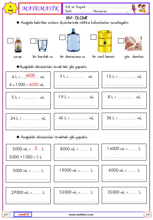 4. Sınıf Matemati Sıvıları Ölçme Etkinliği 1