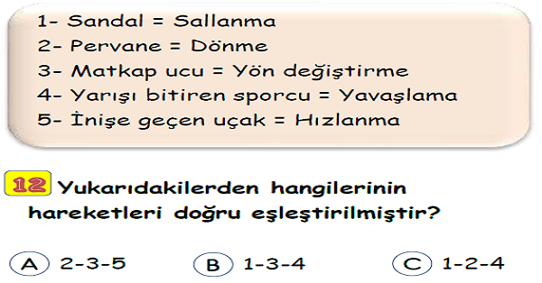 3. Sınıf Fen Bilimleri Varlıkların Hareketleri Yaprak Test