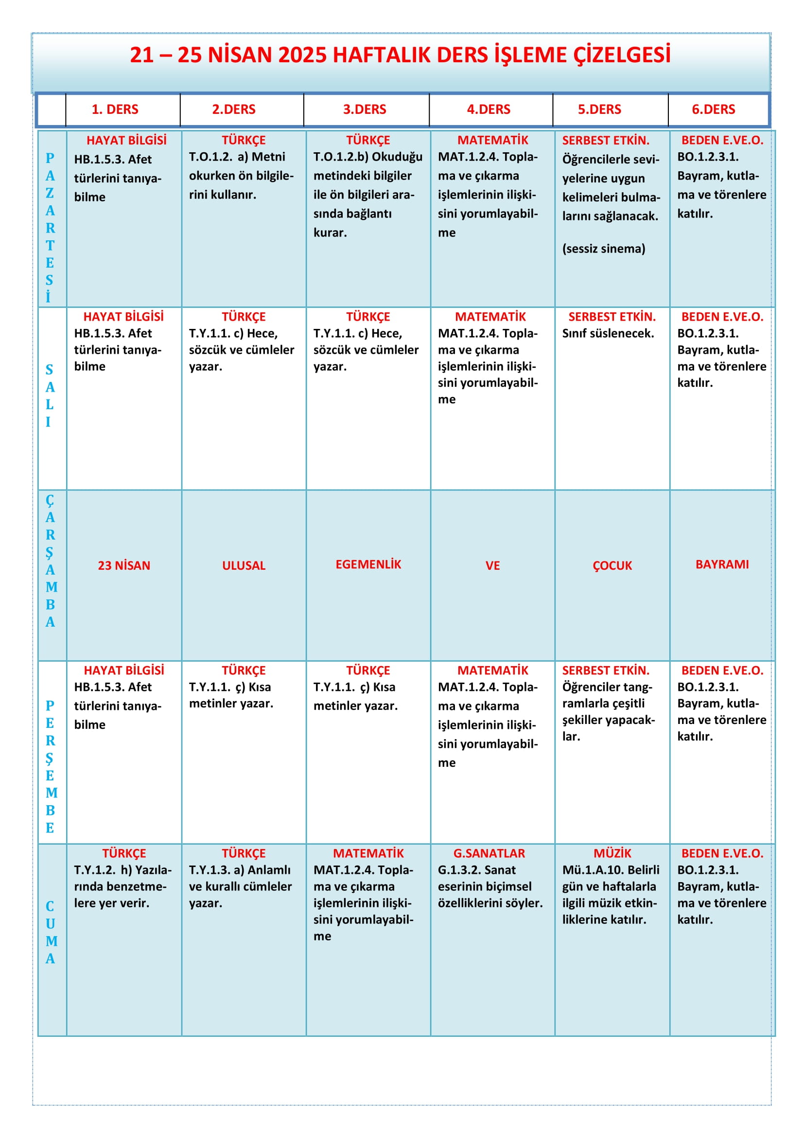 1. Sınıf 21 - 25 Nisan 2025 Haftalık Ders İşleme Çizelgesi