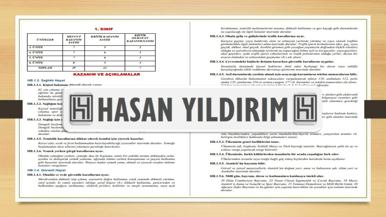 1. Sınıf Kritik Konu ve Kazanım Listesi