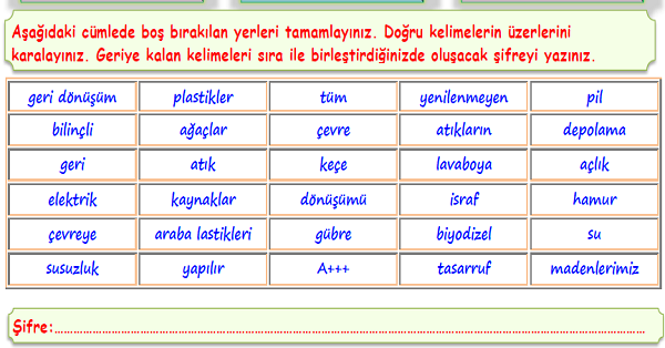 4. Sınıf Fen Bilimleri İnsan ve Çevre Ünitesi Boşluk Doldurma Etkinliği