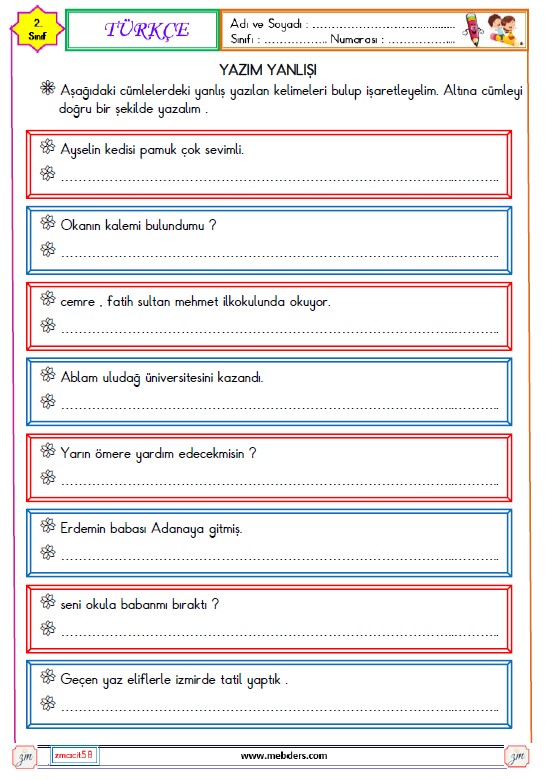 2. Sınıf Türkçe Yazım Yanlışı Etkinliği