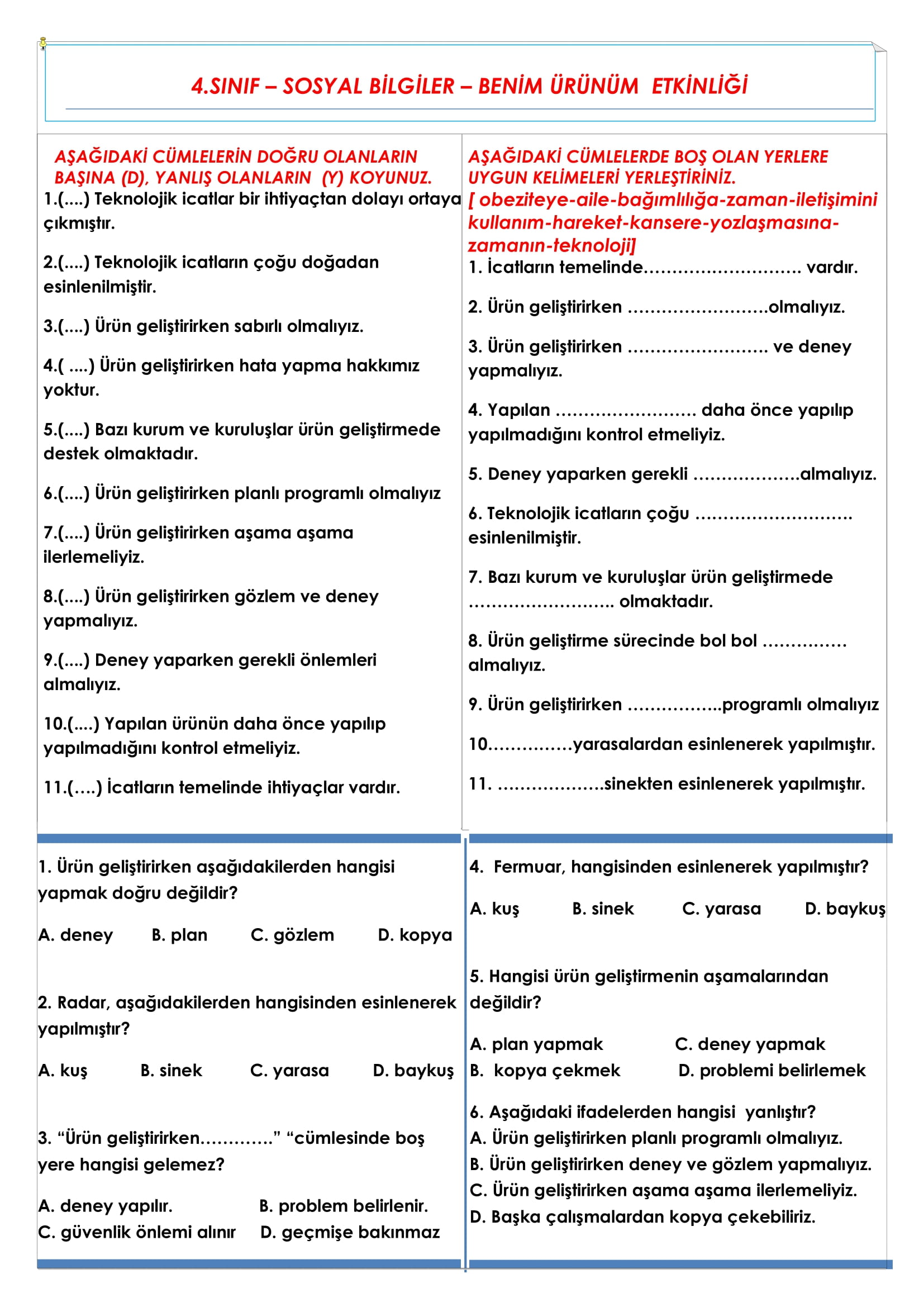 4. Sınıf - Sosyal Bilgiler - Benim Ürünüm Etkinliği