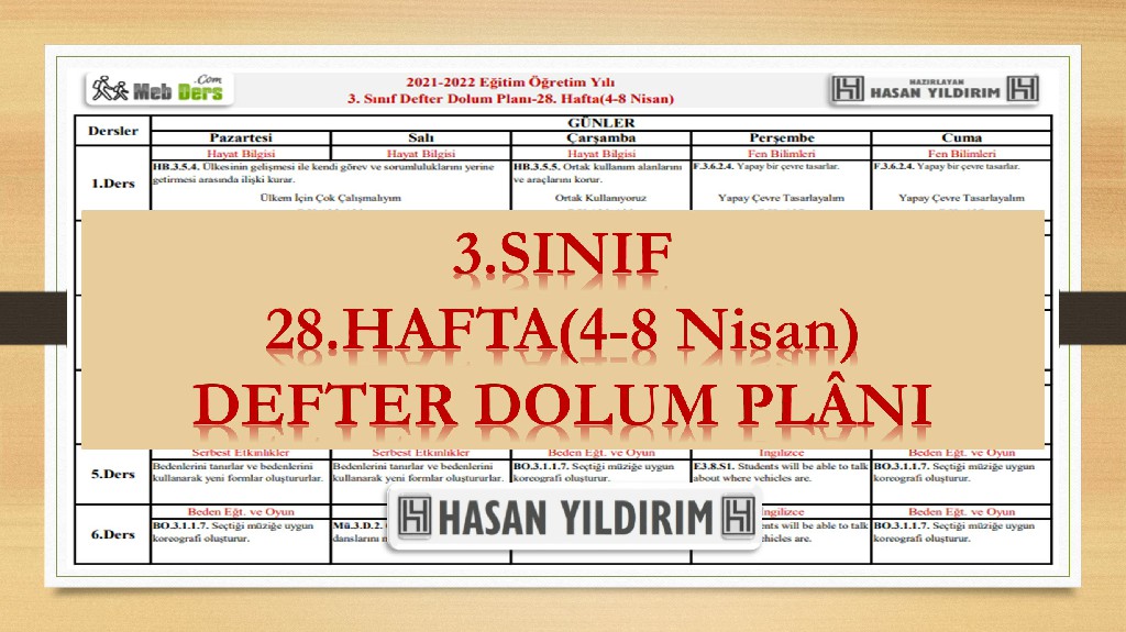 3. Sınıf 28.Hafta(4-8 Nisan) Defter Dolum Planı