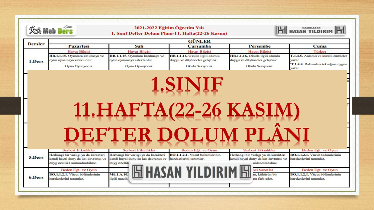 1. Sınıf 11.Hafta(22-26 Kasım) Defter Dolum Planı