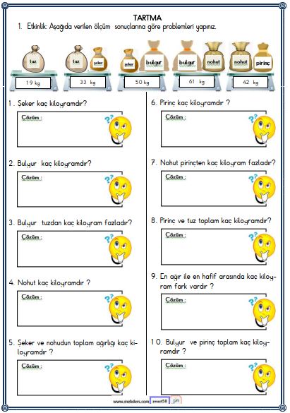 2. Sınıf Matematik  Tartma ile İlgili Problemler Etkinliği 6