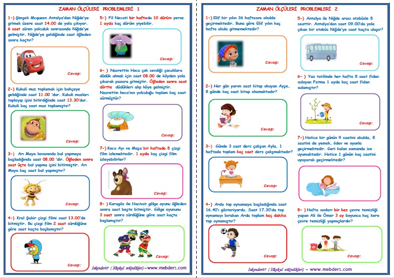 2. Sınıf Matematik Zaman Ölçüleri Problemleri 1-2 ( 2 Sayfa-16 Soru)
