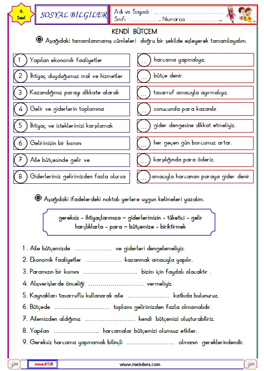 4. Sınıf Sosyal Bilgiler Kendi Bütçem Etkinliği 2