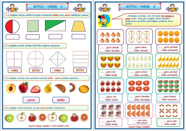 1. Sınıf Matematik Kesirler Bütün Yarım Çalışması 3-4 (2 Sayfa)