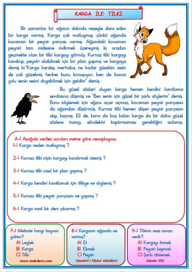 1. Sınıf Türkçe Karga ile Tilki Okuma Anlama Metin Çalışması 30
