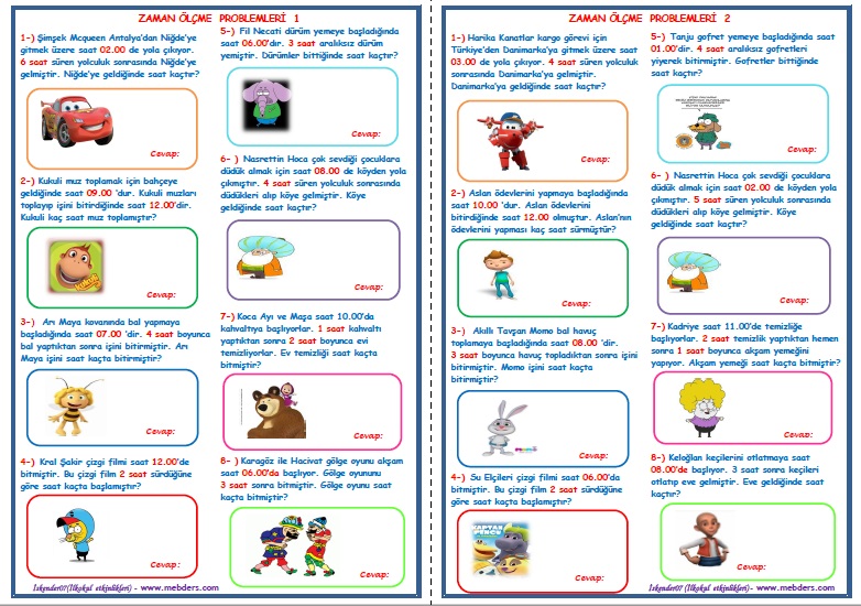 1. Sınıf Matematik Zaman Ölçüleri Problemleri 1-2 (2 Sayfa)