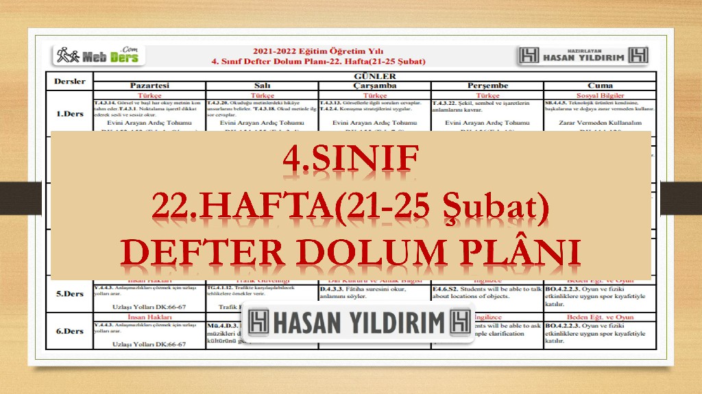 4. Sınıf 22.Hafta(21-25 Şubat) Defter Dolum Planı