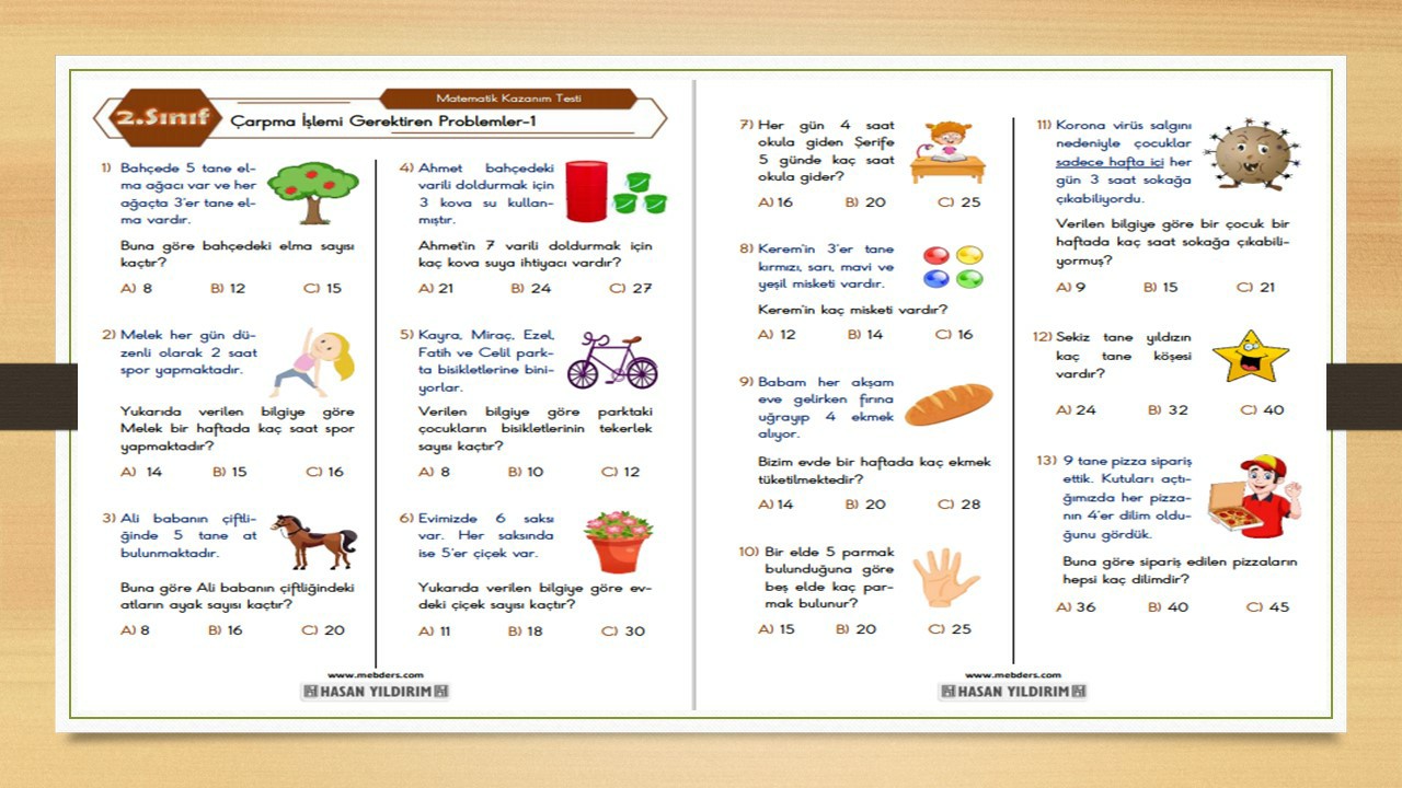 2. Sınıf Matematik Çarpma İşlemi Gerektiren Problemler Testi-1