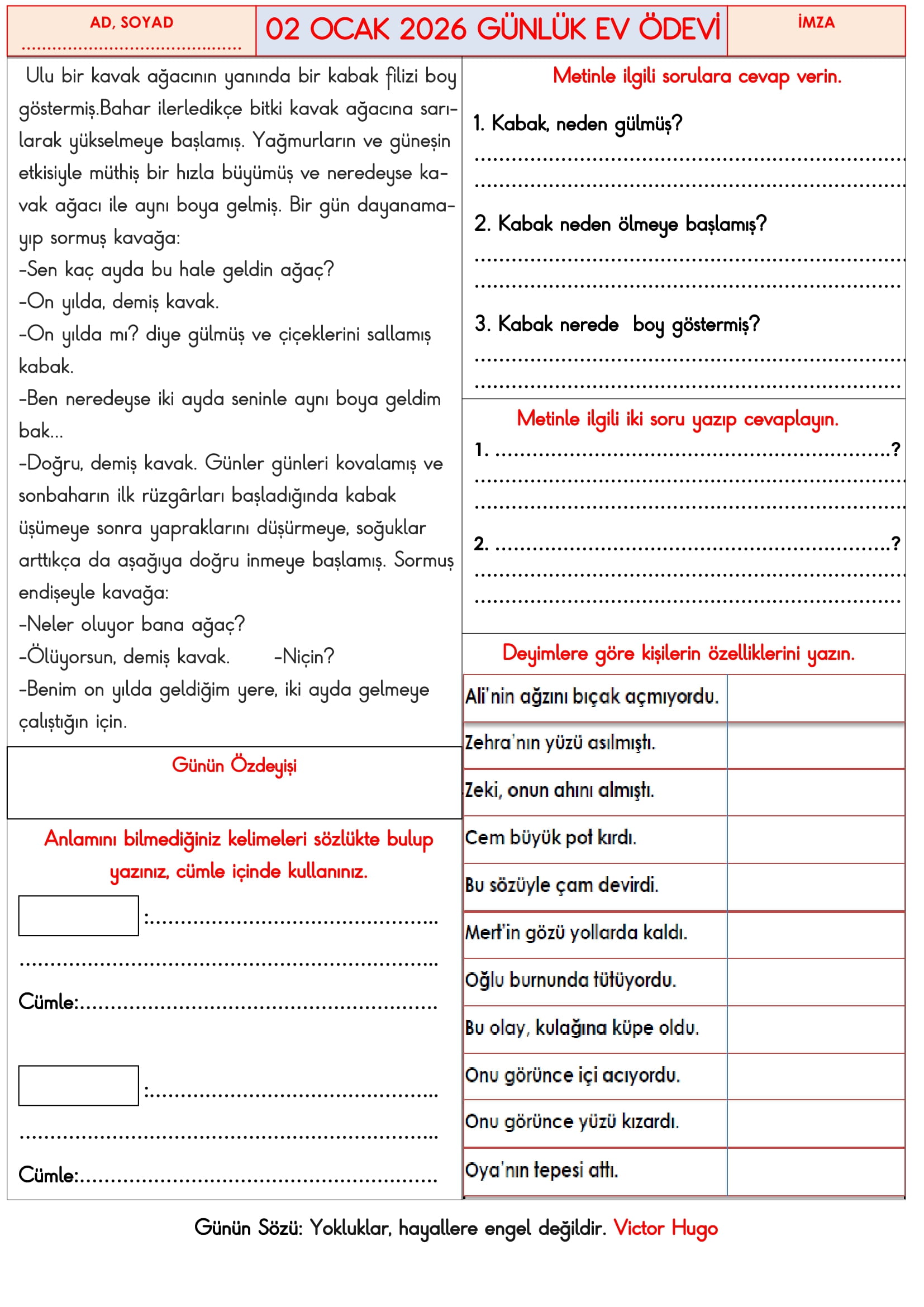 3. Sınıf - 02 Ocak 2026 Günlük Ev Ödevleri