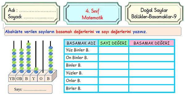4. Sınıf Matematik Doğal Sayılarda Sayı Değeri ve Basamak Değeri Etkinliği
