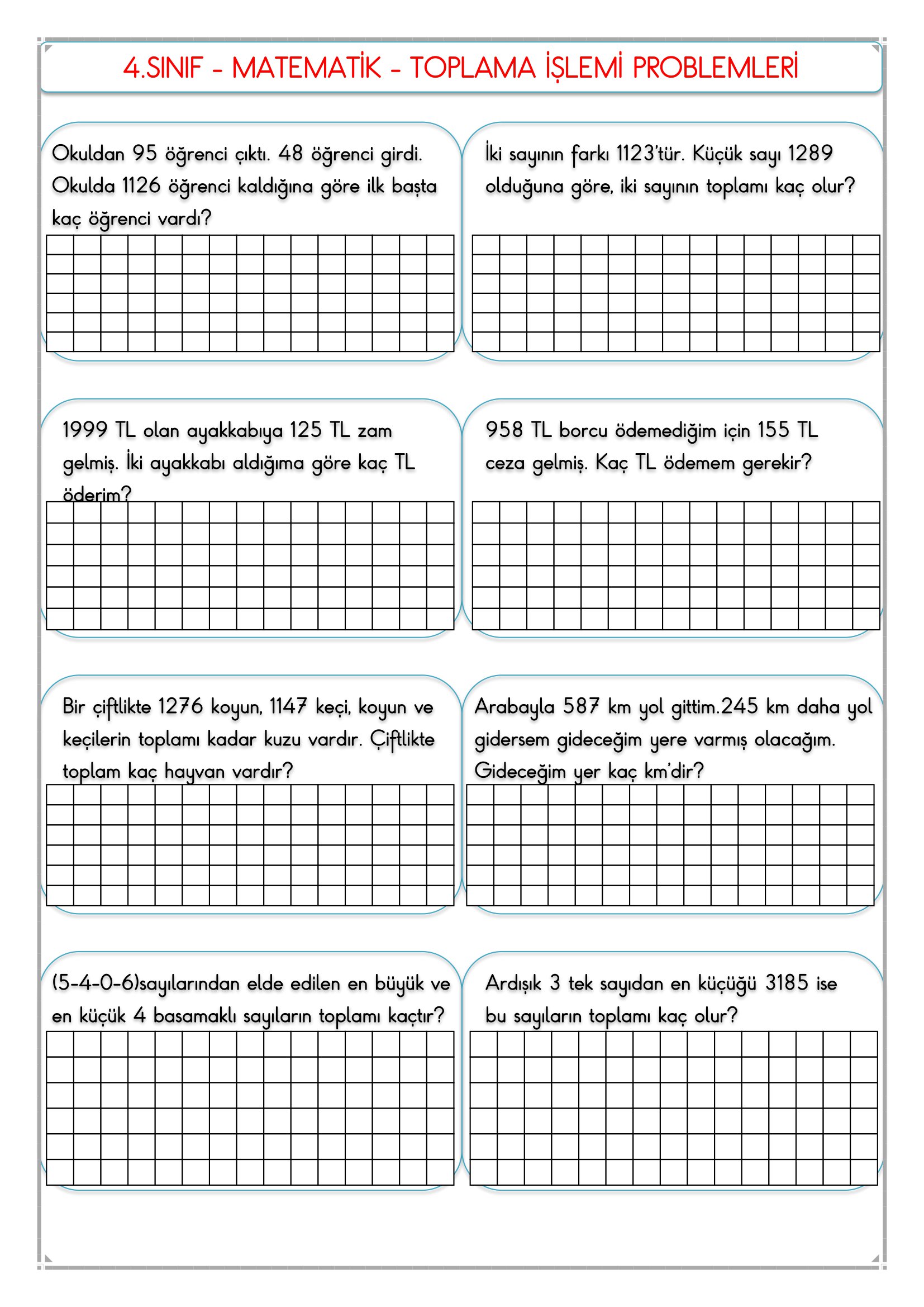 4. Sınıf - Matematik Toplama Problemleri-3