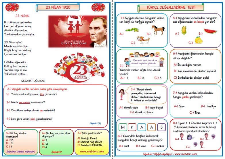 1. Sınıf Türkçe 23 Nisan Değerlendirme Çalışması 6