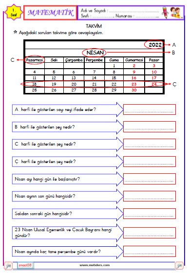 1. Sınıf Matematik Takvim Etkinliği 1