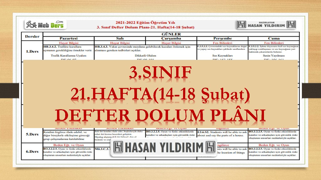 3. Sınıf 21.Hafta(14-18 Şubat) Defter Dolum Planı
