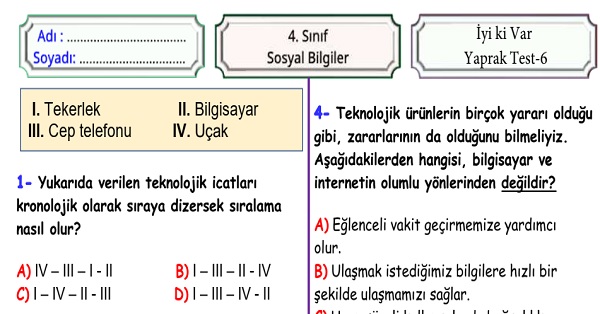 4. Sınıf Sosyal Bilgiler İyi ki Var Ünitesi Yaprak Test 6