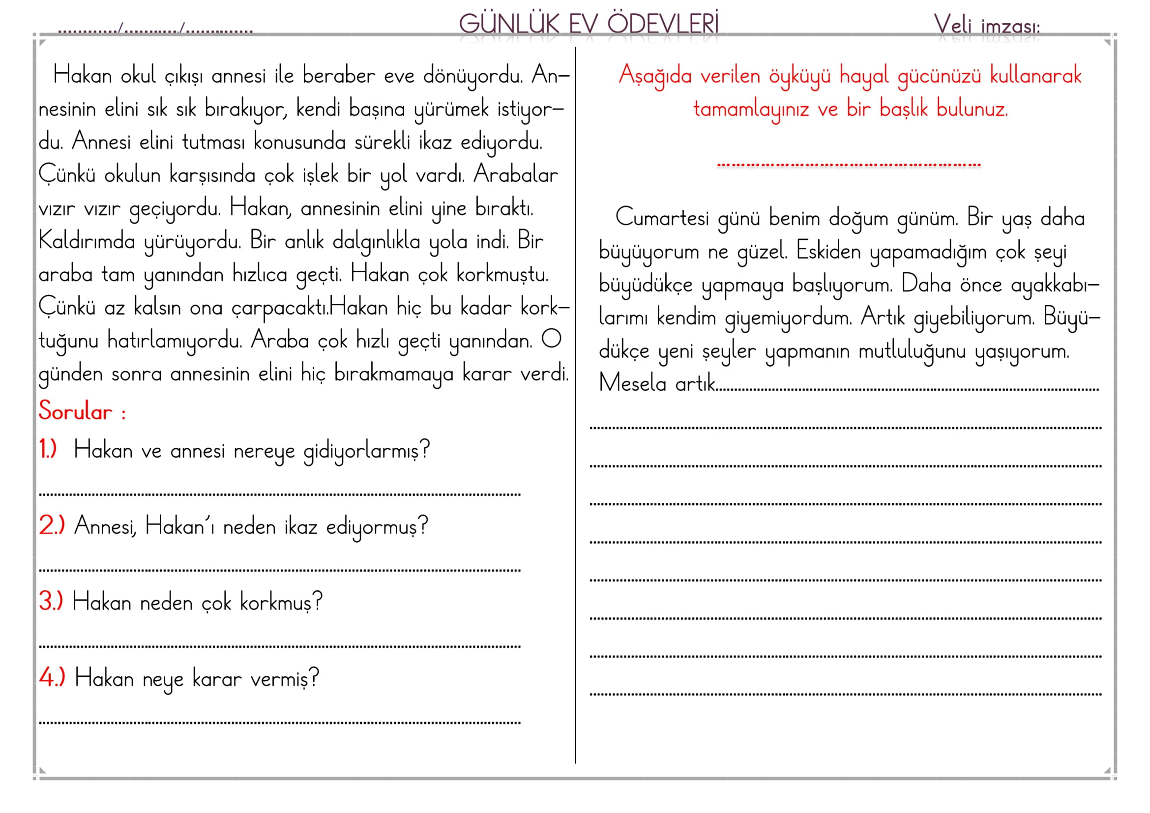 1. Sınıf 25 Mart 2025 Günlük Ev Ödevi