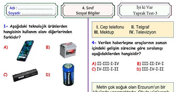4. Sınıf Sosyal Bilgiler İyi ki Var Ünitesi Yaprak Test 3