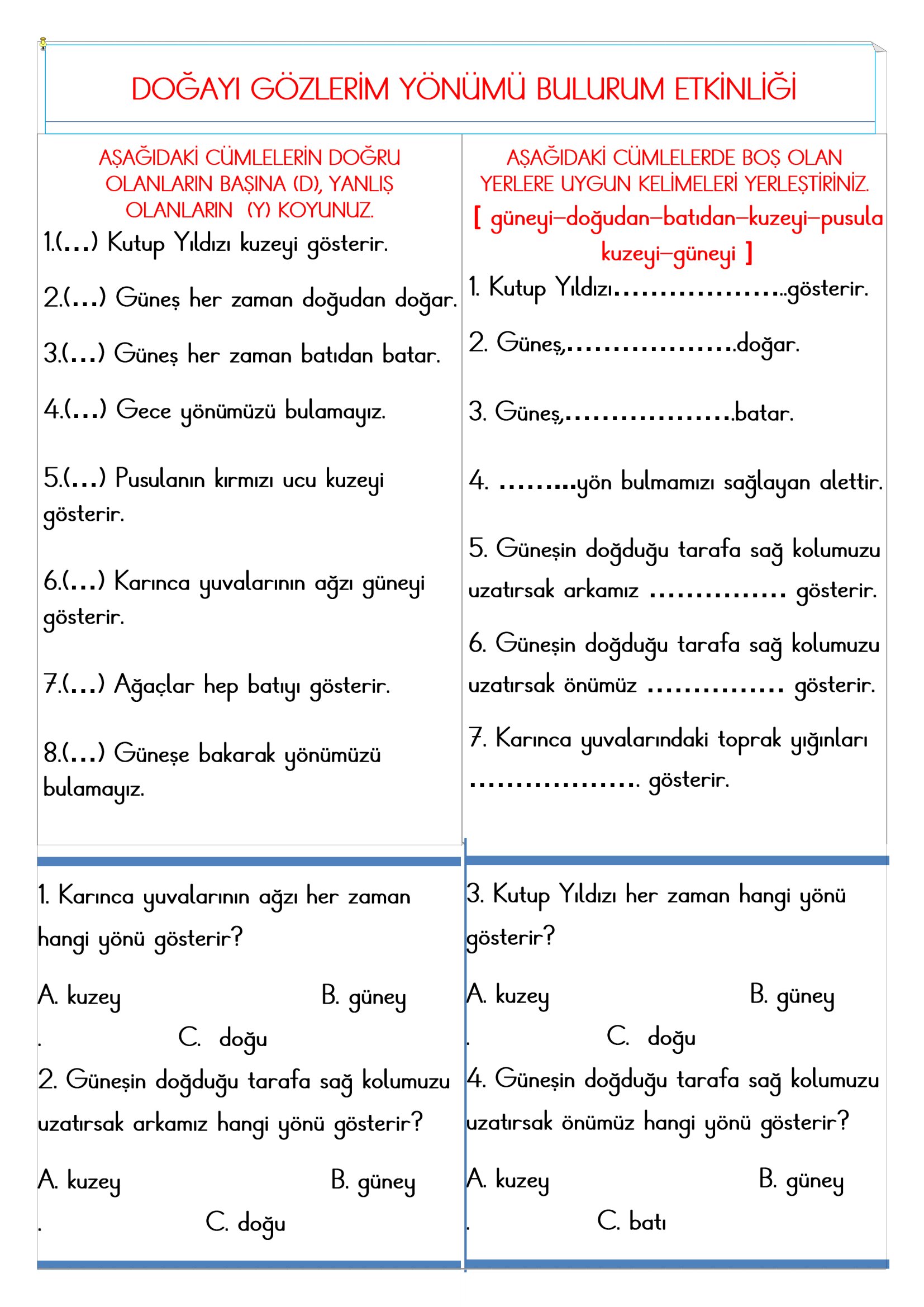 2. Sınıf - Hayat Bilgisi Doğayı Gözlerim Yönümü Bulurum Etkinliği