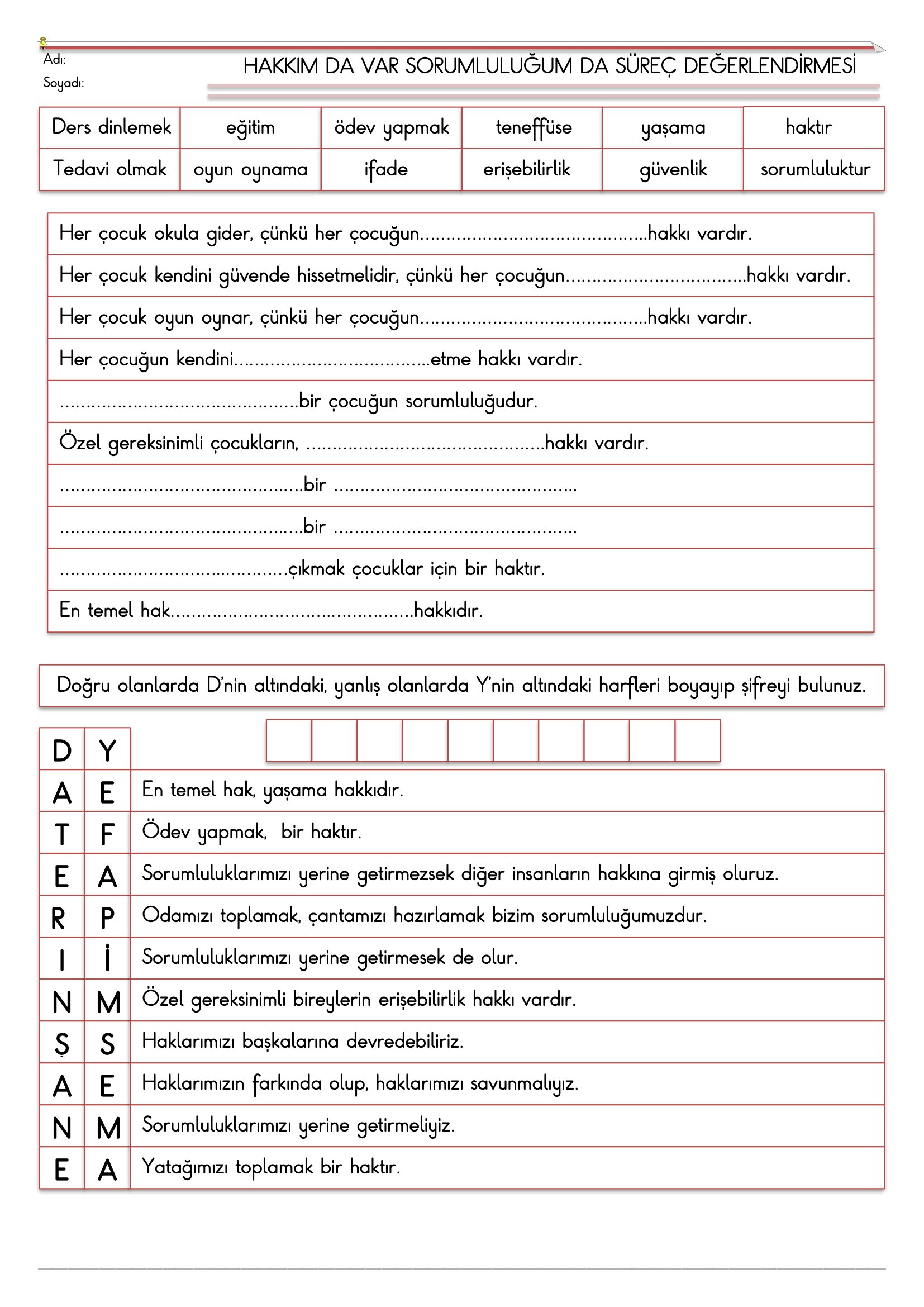 3.Sınıf - Hayat Bilgisi Hakkım da Var Sorumluluğum da Süreç Değerlendirme