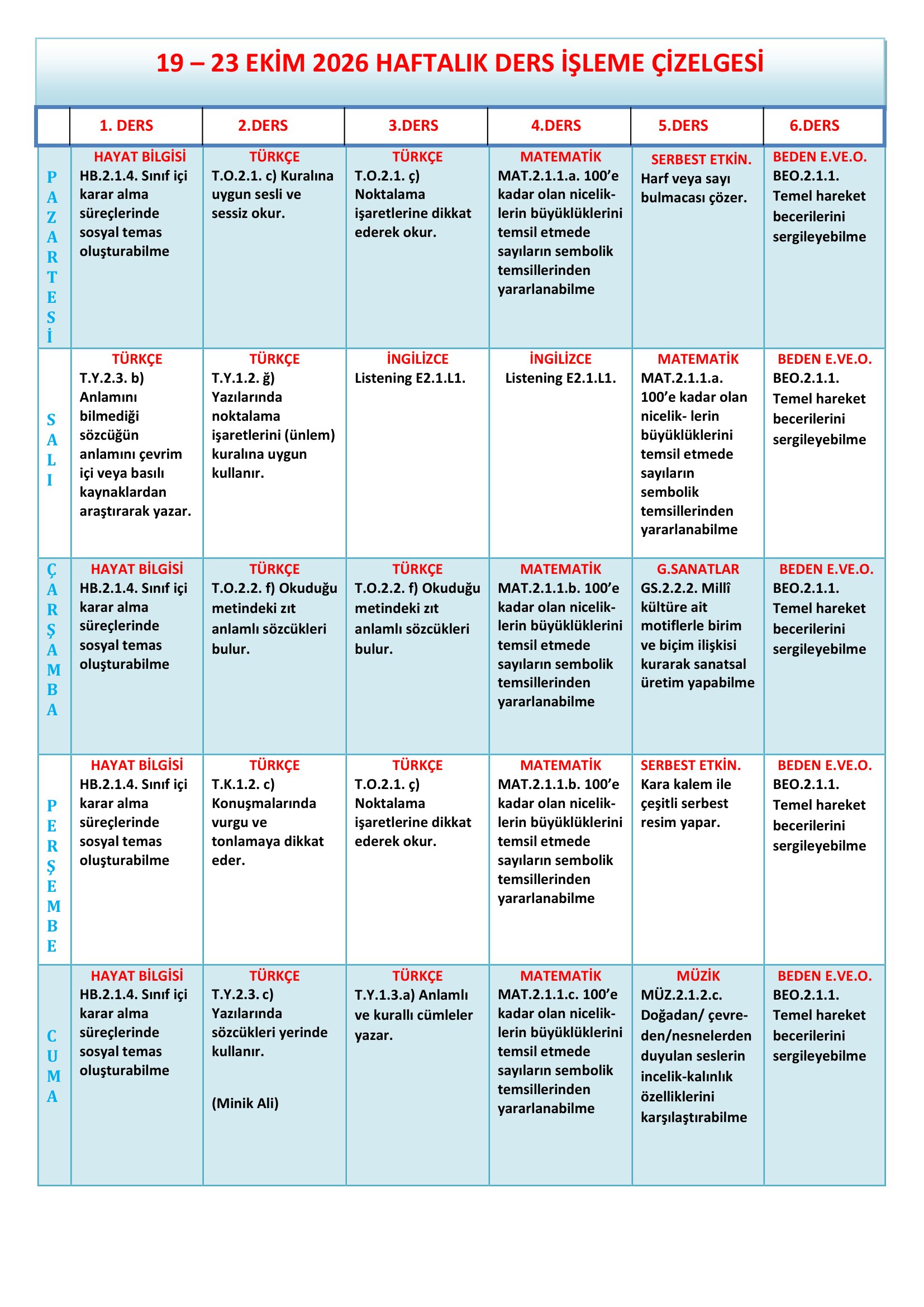 2.Sınıf 19 - 23 Ekim 2026 Haftalık Ders İşleme Çizelgesi