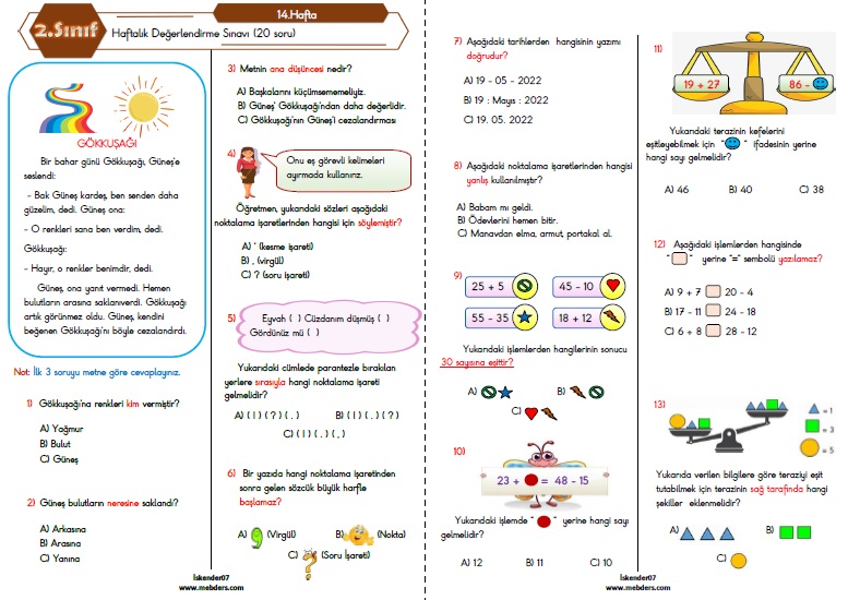 2. Sınıf Haftalık Değerlendirme Testi - 14.Hafta (19-23 Aralık)