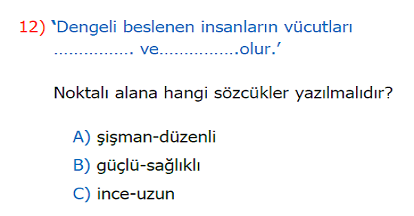 2. Sınıf Hayat Bilgisi Sağlıklı Büyüyelim Kazanım Testi