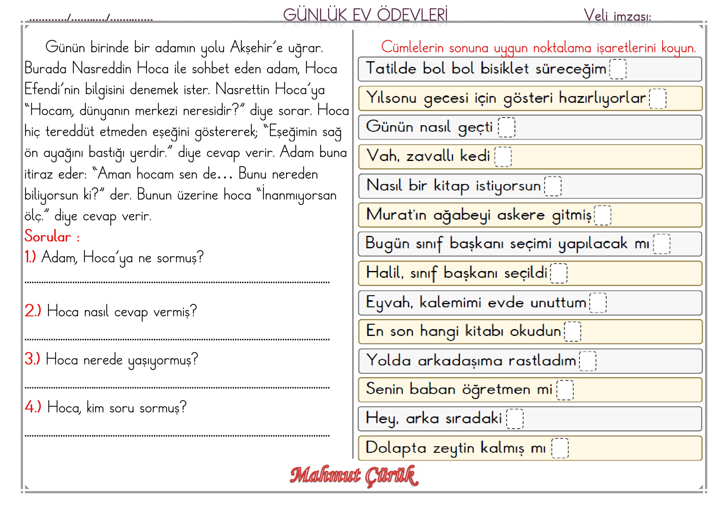1. Sınıf - 15 Haziran 2026 Günlük Ev Ödevleri