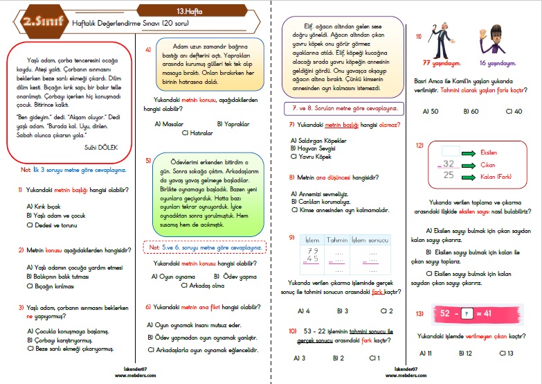 2. Sınıf Haftalık Değerlendirme Testi - 13.Hafta (12-16 Aralık)