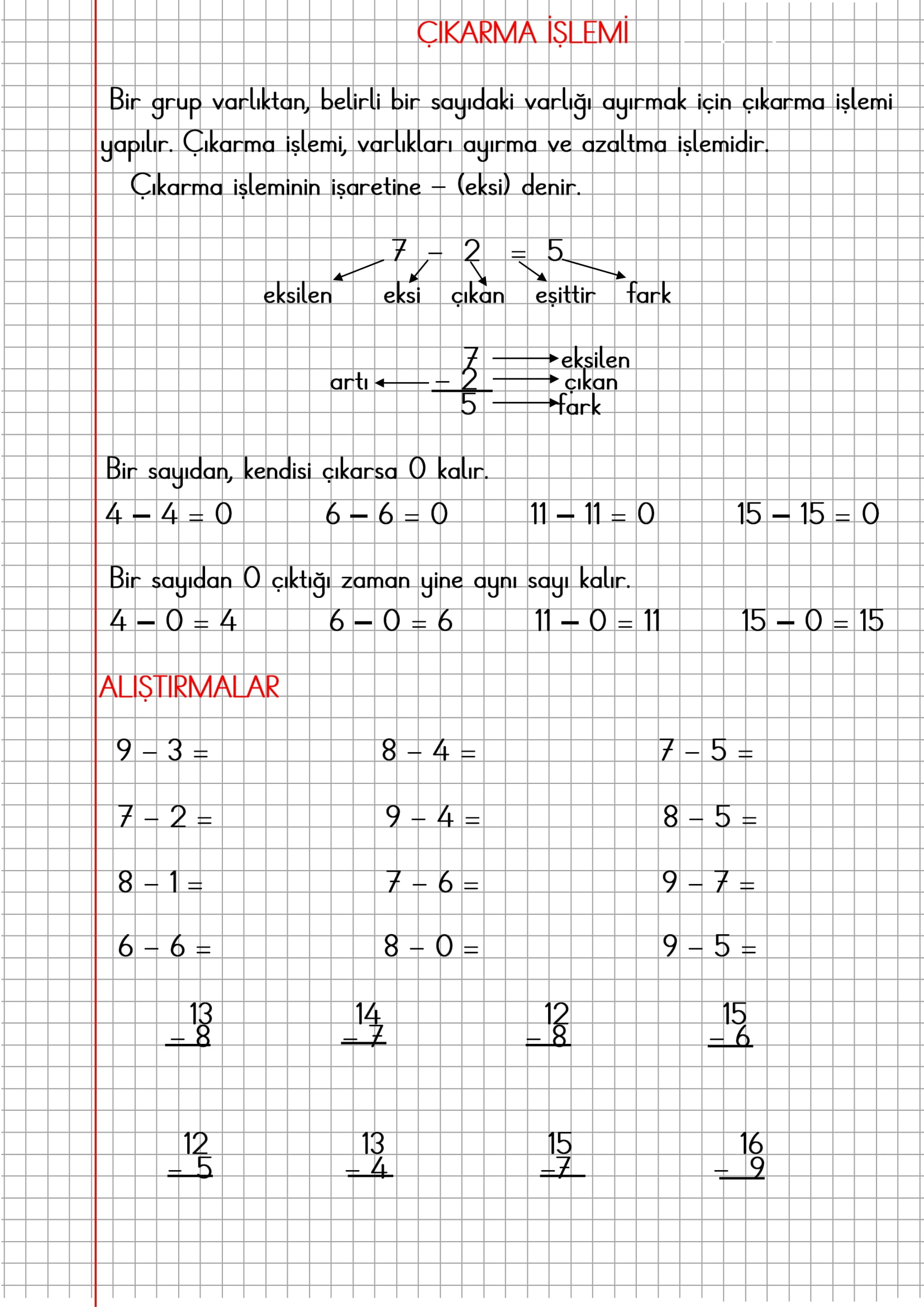 1. Sınıf Matematik Kareli Defterde Çıkarma İşlemi Konu Anlatımı