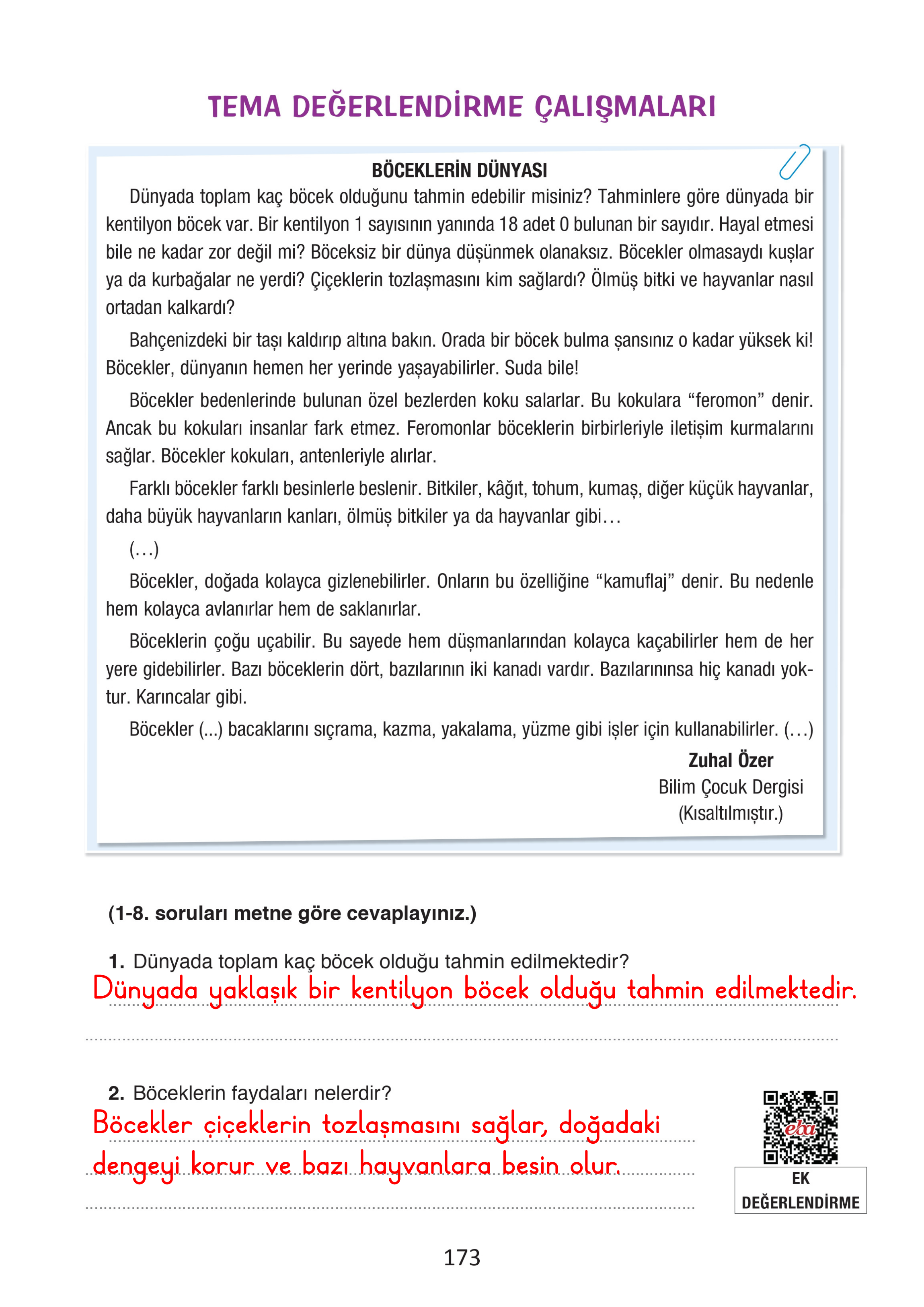 4. Sınıf Türkçe Ada Yayınları 5. Tema Doğa ve Evren Değerlendirme Soruları Cevapları