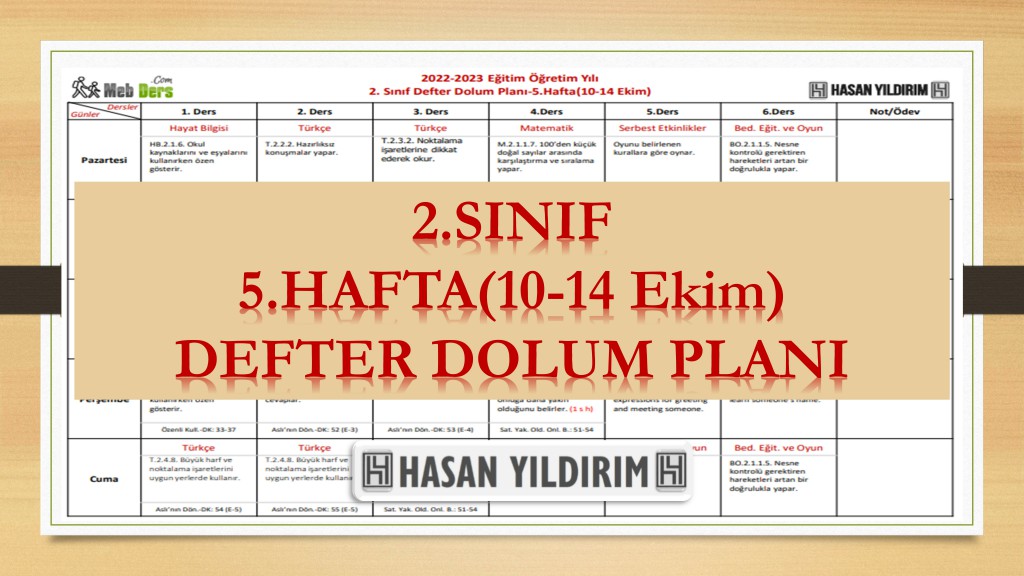 2022-2023 Eğitim Öğretim Yılı 2. Sınıf 5. Hafta (10-14 Ekim) Defter Dolum Planı