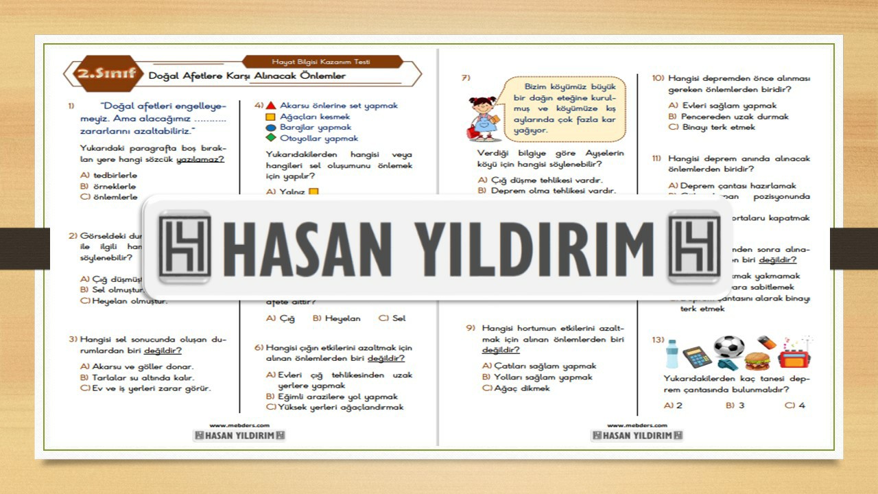2. Sınıf Hayat Bilgisi Doğal Afetlere Karşı Alınacak Önlemler Testi