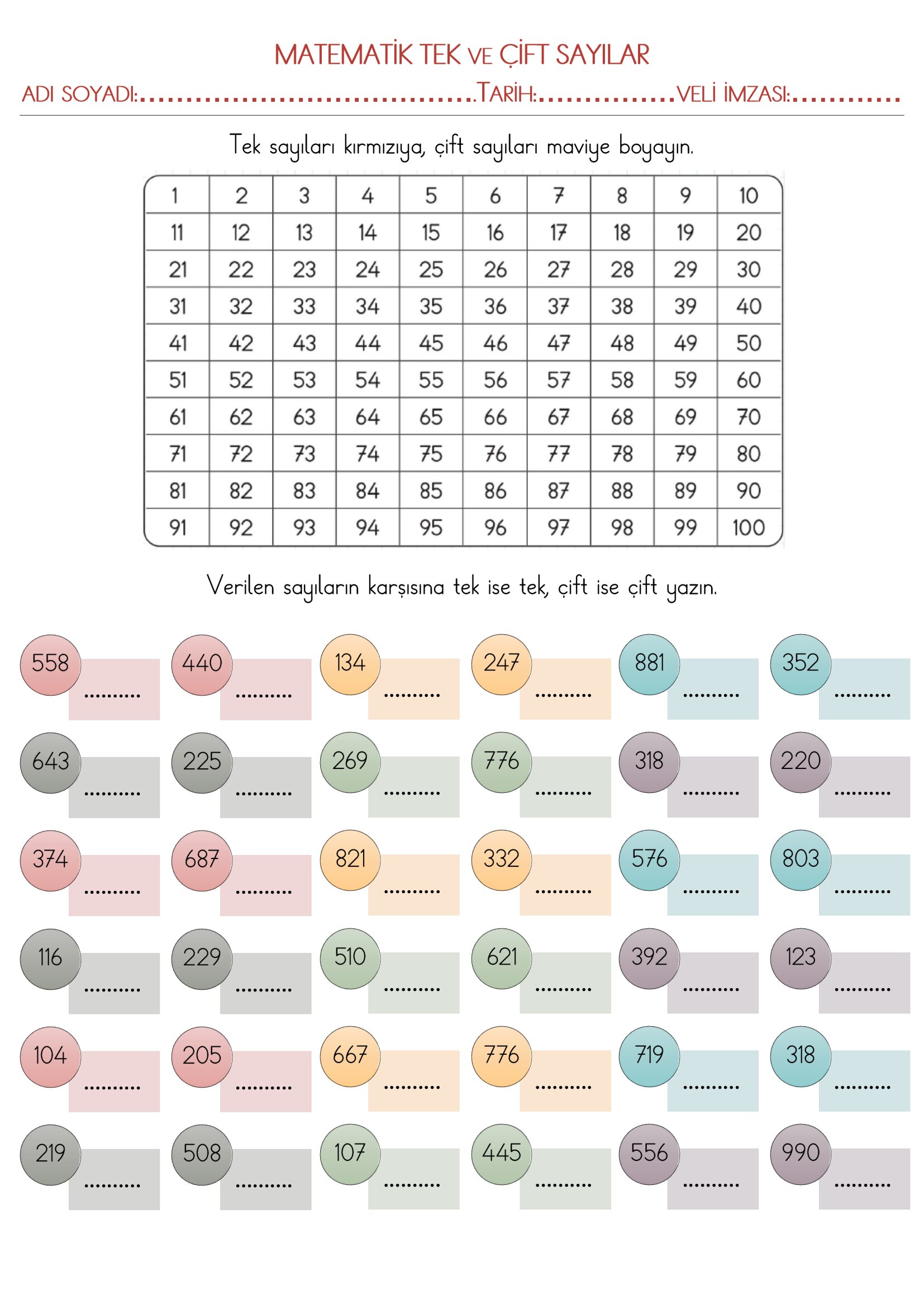 3.Sınıf Matematik Tek Çift Sayılar Etkinliği-1