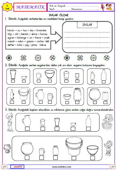 2. Sınıf Matematik Sıvıları Ölçme Etkinliği 1