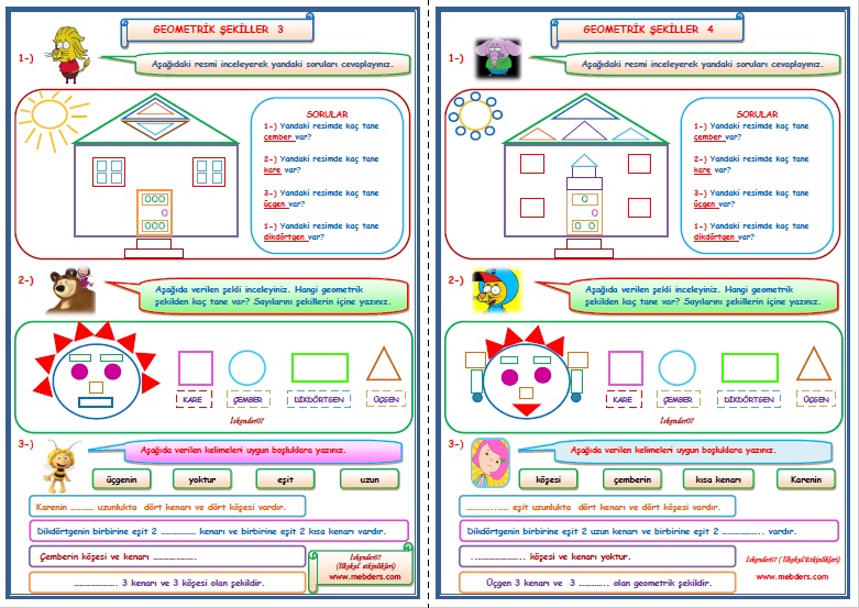 1. Sınıf Matematik Geometrik Şekiller 3-4 (2 Sayfa)